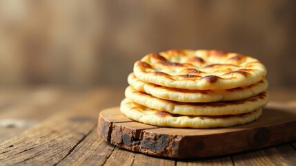 A stack of freshly baked, golden-brown flatbreads rests on a rustic wooden board, ready to be enjoyed.