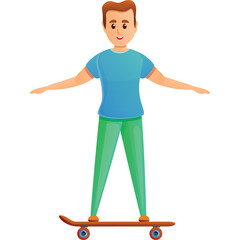 Smiling Young Man With Brown Hair Wearing A Blue T Shirt And Green Pants Standing On A Skateboard With Arms Outstretched Isolated On White Background