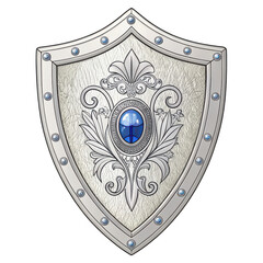 Ornate medieval shield with silver trim, blue gemstone, and detailed engraving, isolated on transparent background