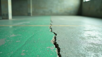 A Deep Crack Divides a Weathered Green and Gray Floor in an Abandoned Building