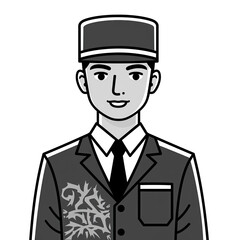 Stylized illustration of a smiling hotel doorman in a gray uniform with a hat and tie against a transparent background