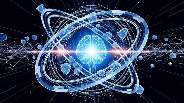 Abstract digital art illustration of glowing blue brain inside atom structure with orbiting electrons on dark background