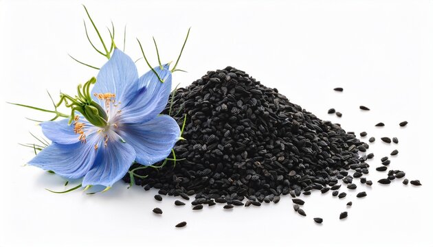 black cumin seeds with nigella sativa flower on white background