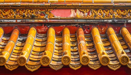 Fototapeta premium Close-up of a vibrant yellow tiled roof's edge, showcasing ornate details, with red trim and decorative molding. The sun casts a warm light