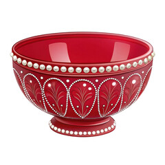 Traditional deep red decorative bowl with intricate white beadwork and painted paisley design isolated on transparent background