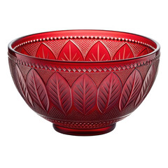 Ornate deep red cut crystal glass bowl with intricate leaf pattern and beaded rim detail isolated on transparent background