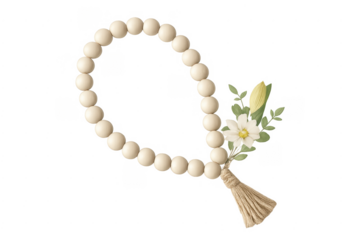 Wooden bead garland with tassel and white flowers