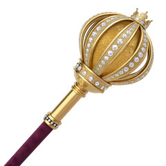 Ornate golden royal scepter adorned with diamond jewels isolated on transparent background