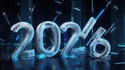 Digital 2026 text with ice and futuristic lines over a dark, textured background