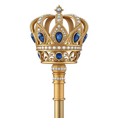 Ornate golden royal scepter head adorned with brilliant blue sapphire and white diamond gemstone isolated on transparent background