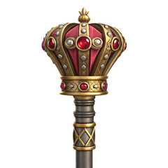 Ornate royal scepter head with gold trim and large red gemstone isolated on transparent background