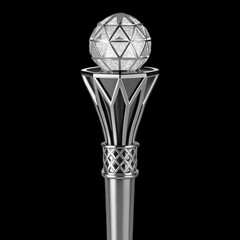 Close up of a luxurious silver scepter or staff head with a geometric crystal orb on a black background