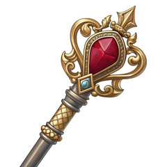 Ornate golden fantasy key with a large red ruby gemstone, isolated on transparent background