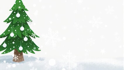 Obraz premium A cartoon Christmas scene with a decorated tree on the left and falling snow