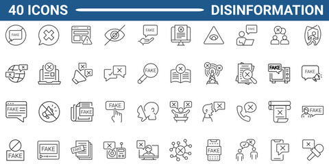 Disinformation line icon set. Includes False information, propaganda on social media and disinformation. Editable stroke. Vector illustration