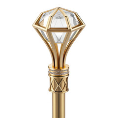 Luxurious golden curtain rod finial shaped like a faceted diamond crystal isolated on transparent background