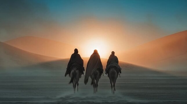 Three Wise Men Silhouette Riding Camels Across Desert at Sunset or Sunrise