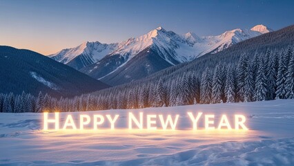 Happy New Year greeting with snow covered mountains in winter landscape