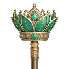 Ornate golden scepter top adorned with green emerald gemstone and white pearl accents, isolated on transparent background