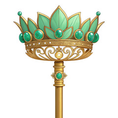 Ornate golden scepter top featuring a crown adorned with large green emerald gemstone isolated on transparent background