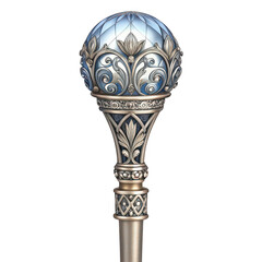 Ornate scepter head with a blue crystal orb and intricate silver metalwork, isolated on transparent background