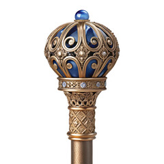 Ornate golden scepter head with blue jewel and intricate scrollwork, isolated on transparent background
