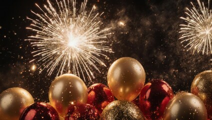 Celebration scene with fireworks bursting behind gold and red balloons