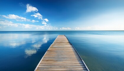 Obraz premium a wooden dock floating on calm water reflecting the clear blue sky