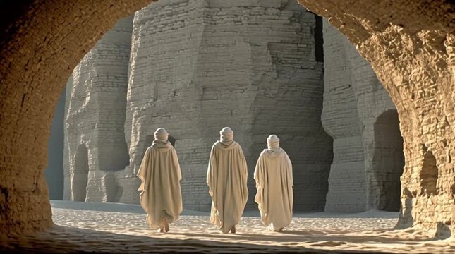 Three Wise Men Silhouette Desert Journey Ancient Temple Entrance