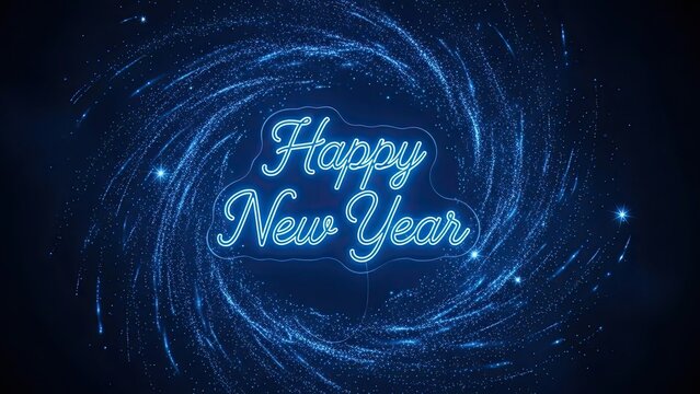 Happy New Year neon text with sparkling fireworks background illustration - Powered by Adobe