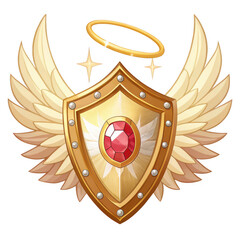 Golden shield with ruby gem, angel wings, and halo, isolated on transparent background