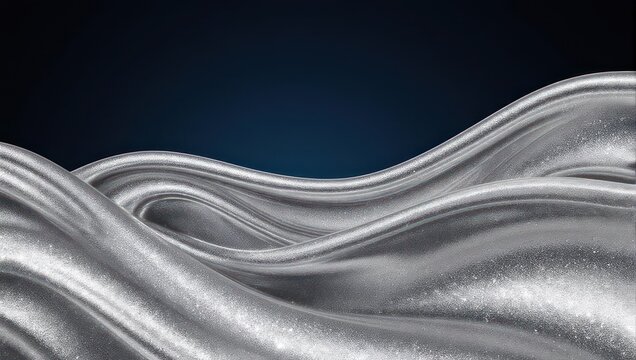 Flowing, shiny silver fabric waves against a dark blue gradient background - Powered by Adobe