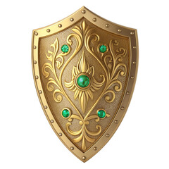 Ornate golden medieval shield decorated with intricate baroque scrollwork and emerald gemstone accents isolated on transparent background