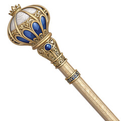 Ornate royal scepter with gold, blue jewel accents, isolated on transparent background