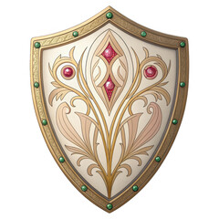Ornate medieval shield with gold trim, intricate floral design, and ruby gemstone accents isolated on transparent background
