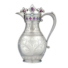 Ornate antique silver pitcher with jeweled crown lid, isolated on transparent background