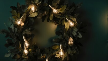A holiday wreath, adorned with lights, hangs against a muted green wall