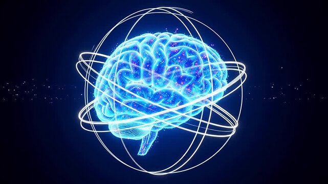 Glowing blue brain surrounded by atomic orbital rings in a dark space