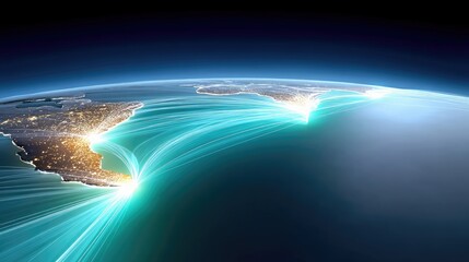 Illustration of global network connections, represented by glowing lines, spanning across the illuminated Earth at night, emphasizing data transfer and communic