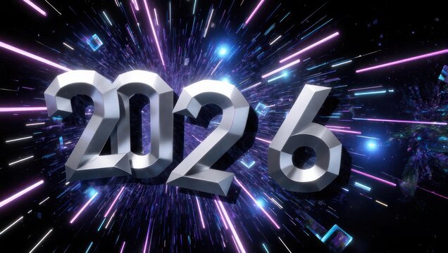 Silver "2026" emerges from a cosmic burst with light streaks and floating cubes