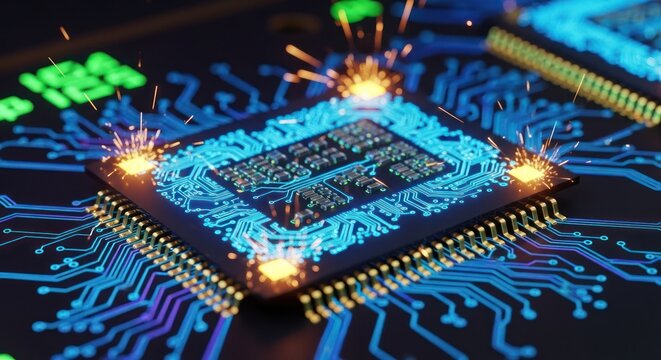 Close-up of an artificial intelligence chip processing data with glowing circuits and sparks.
