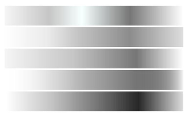 A set of five horizontal color bars displaying a full range of silver, grey, and chrome gradients for modern graphic design, tech backgrounds, luxury product branding, website banners, and digital art