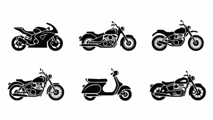 Naklejka premium Black vector set of motorcycle, chopper, and sport bikes silhouette on road wheels