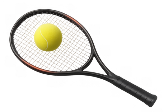 Tennis racket hitting a yellow tennis ball, capturing the moment of strike for sport and recreation activities