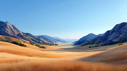 A vast, rolling landscape of golden grass fields stretching towards distant mountains under a clear, bright blue sky. The scene is bathed in warm, natural light