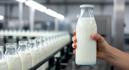 Female hand holding a glass bottle of fresh milk against an automated bottling line food manufacturing concept