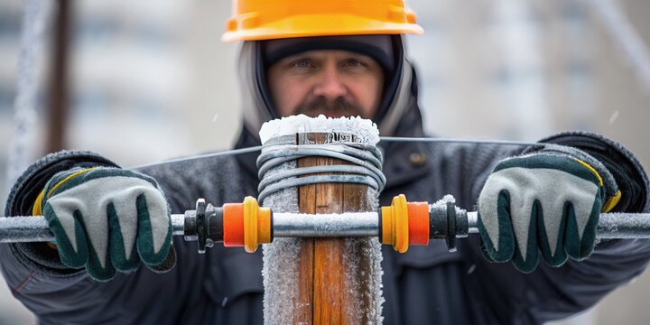 Snow Storm A worker repairs an icy utility pole, showcasing resilience in harsh conditions.