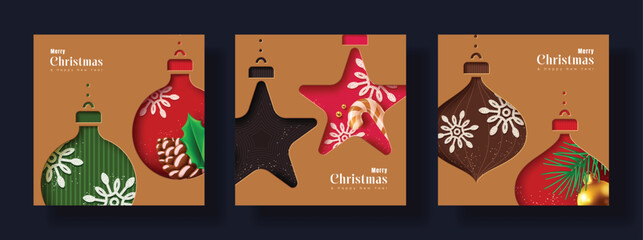 Stylish Christmas ornament cutout card collection with red, green, and brown festive shapes, pinecones, candy canes, and holly leaves. Perfect for modern holiday greetings, and backgrounds. © Grafiqwrk