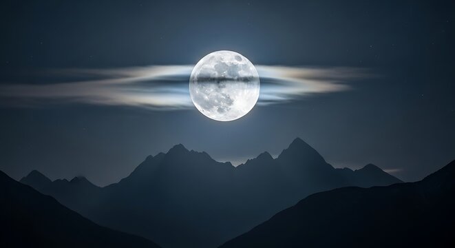 Majestic Full Moon Above Mountain Range Reflecting in Still Water, Night Sky Serenity