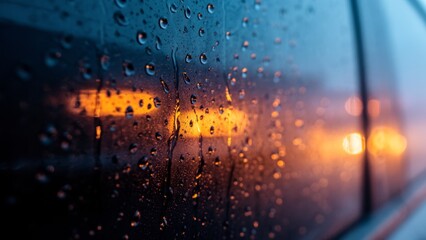 Water droplets reflect warm lights at twilight on a rainy evening